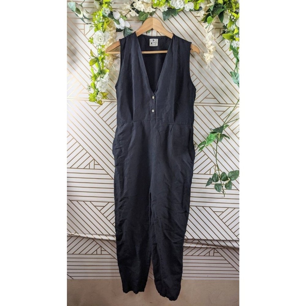 First Rite Women's Sleeveless Linen Black Jumpsuit V Neck Size Medium